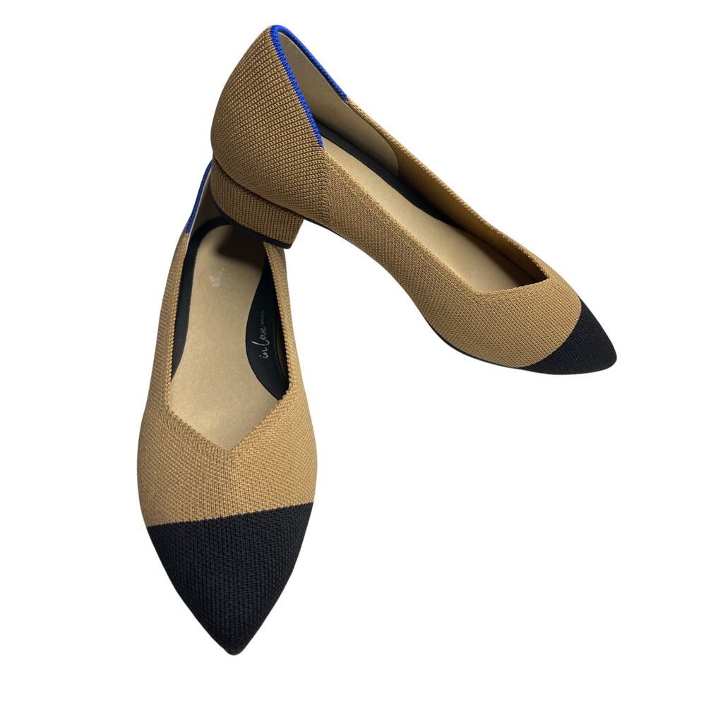 Rothys The High Point Wren Cap Toe Knit Shoes 7 Tan Black Pointed Toe Low Heel - Picture 4 of 13